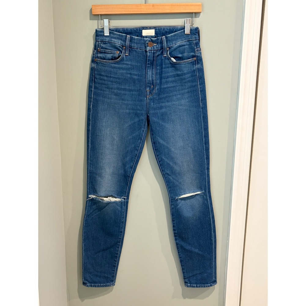 Mother High Waisted Looker Ankle Jeans Gold Rush Baby Distressed Blue Denim 25